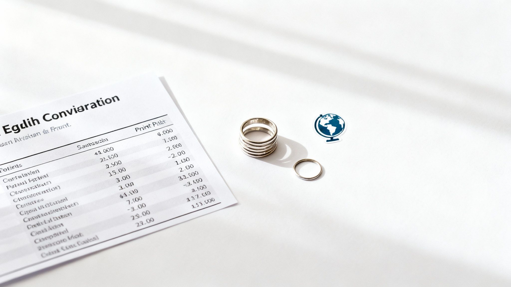 A financial document, a stack of rings, a single ring, and a globe sticker on a white surface.