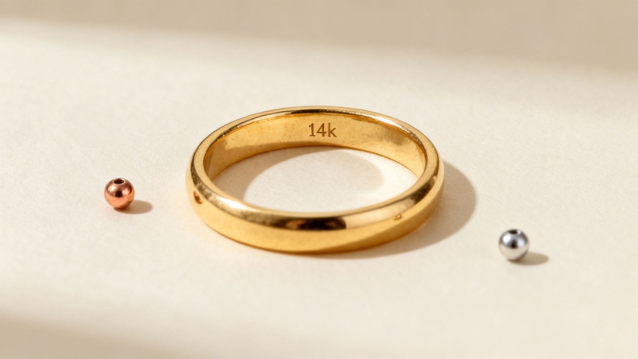 A 14k gold ring is centered between a copper bead and a silver bead on a cream surface.
