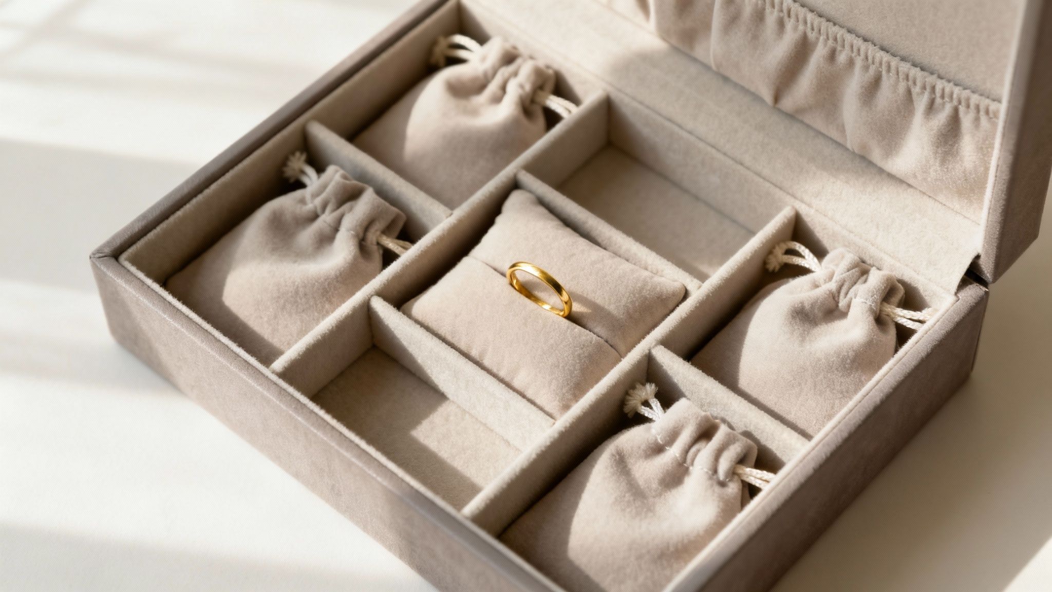 An open, light-colored velvet jewelry box with a gold ring and several small pouches.