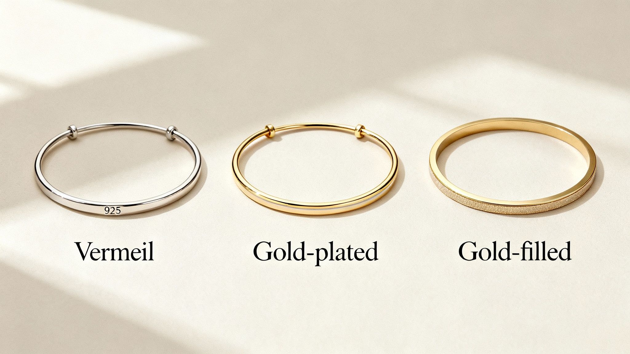Three bracelets demonstrating vermeil, gold-plated, and gold-filled jewelry finishes side-by-side.