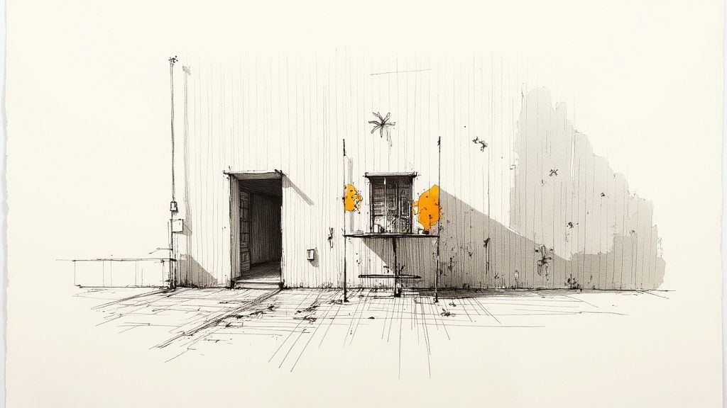 Мінімалістичний архітектурний скетч будівлі з дверима, вікном та абстрактними помаранчевими елементами.