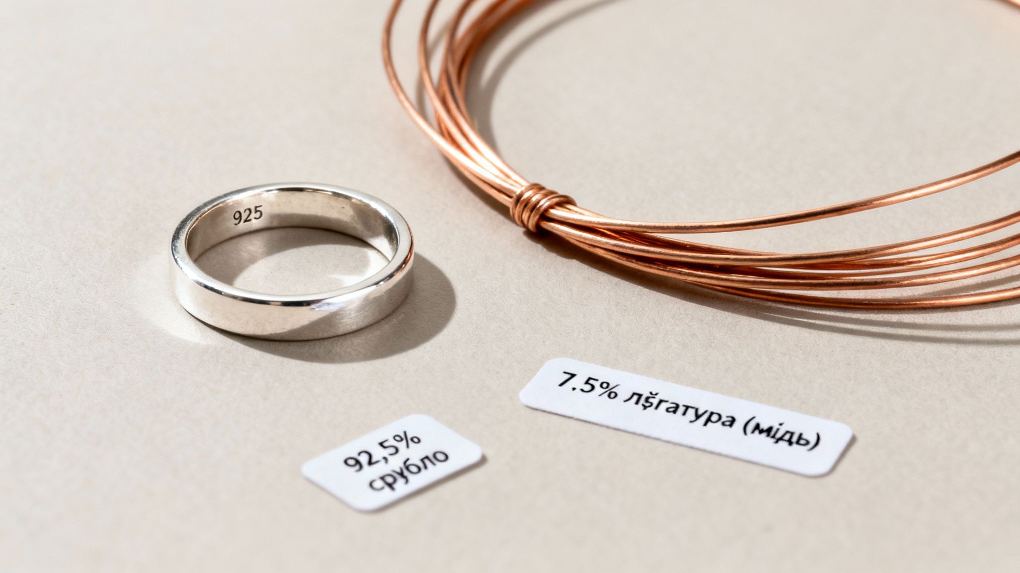 Срібне кільце 925 проби, мідний дріт та етикетки, що вказують на склад металів.