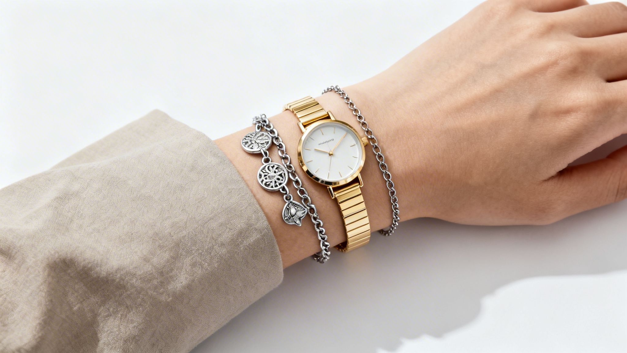 A woman's arm wearing a gold watch, a silver charm bracelet, and a thin chain.