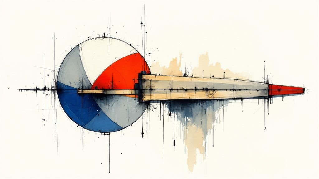 Абстрактний малюнок круглої кулі та конусоподібної структури з акварельними деталями та технічними лініями.