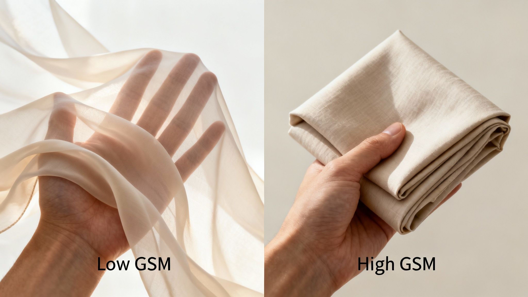 Two hands comparing low GSM sheer fabric with high GSM folded, opaque fabric, illustrating fabric weight.