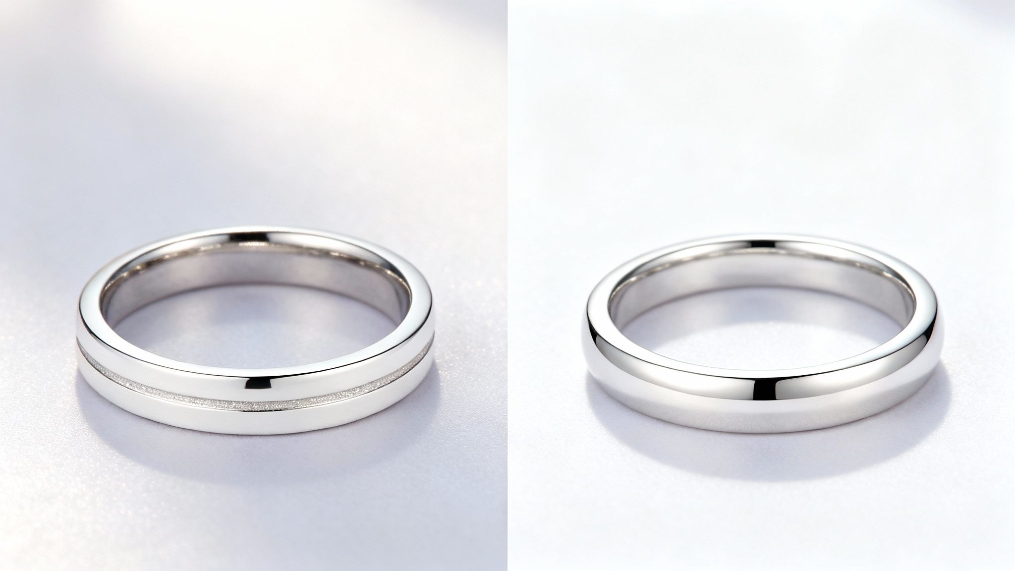 Two elegant white gold plated wedding bands on a pristine white background, one with a matte stripe.