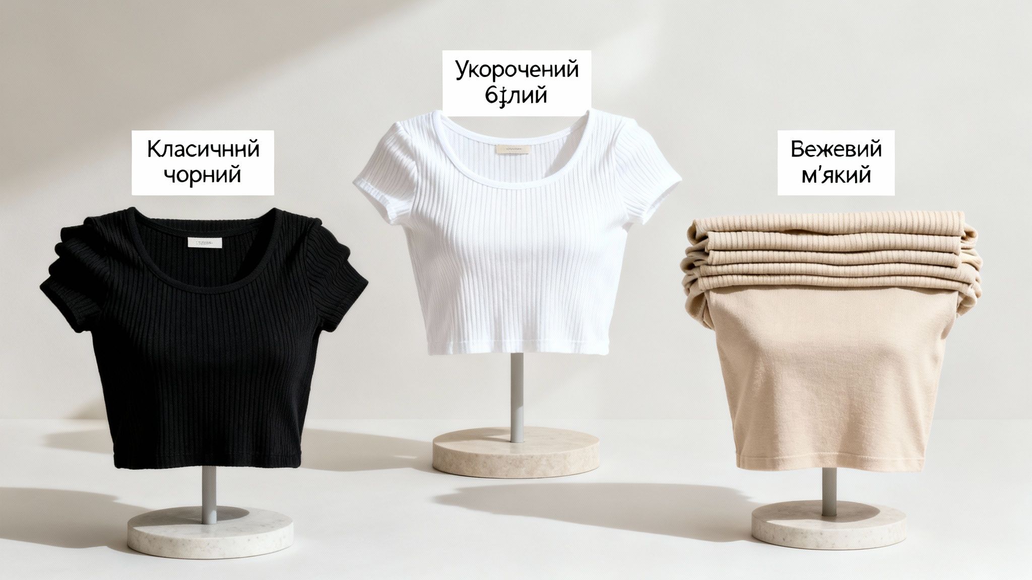 Три жіночі топи в рубчик: класичний чорний, укорочений білий та м'який бежевий на манекенах.
