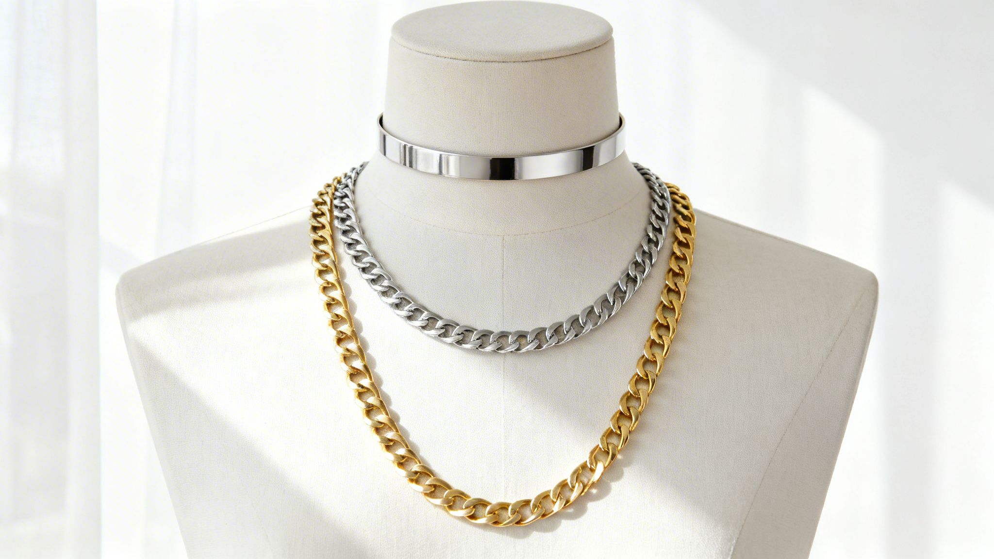 Mannequin wearing a silver choker and two layered cuban link chain necklaces, one gold and one silver.