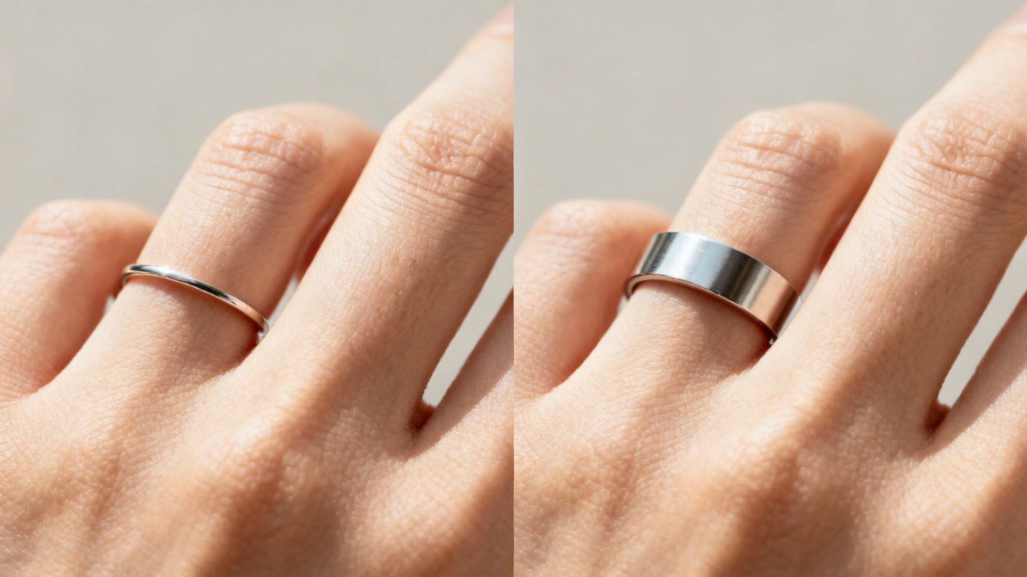 Close-up of two hands, one wearing a thin silver ring, the other a wider silver band.