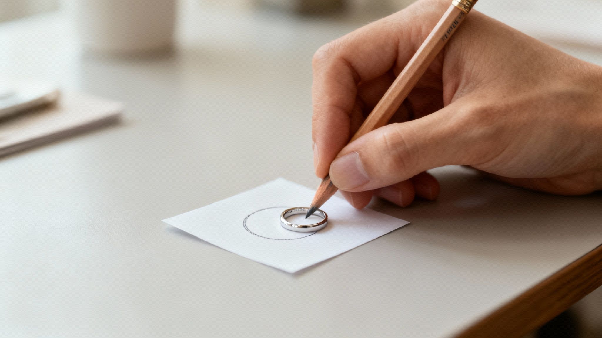 A hand holds a pencil, tracing a circle around a silver ring on white paper to measure size.