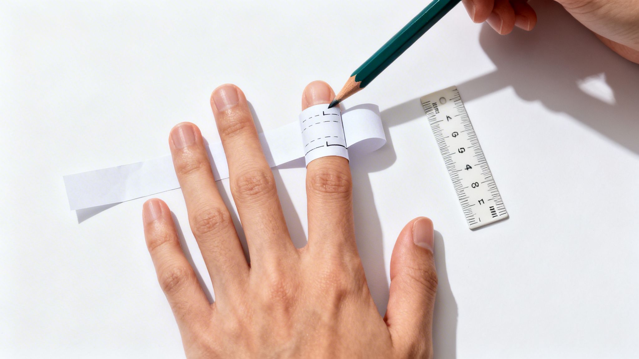 Overhead view of a hand measuring ring size with a paper strip and pencil, a ruler nearby.
