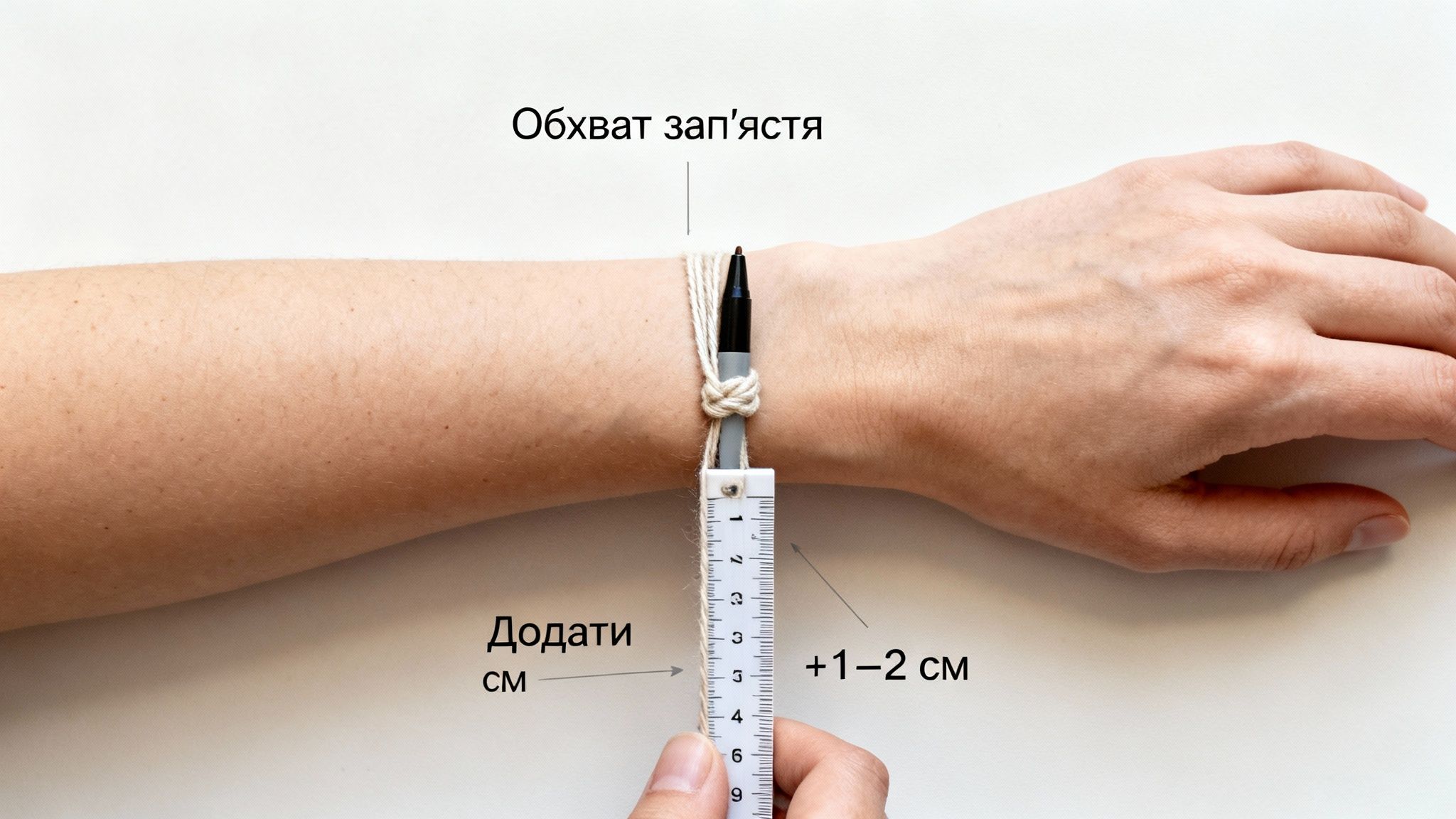 Вимірювання обхвату зап'ястя ниткою та лінійкою для визначення точного розміру браслета.