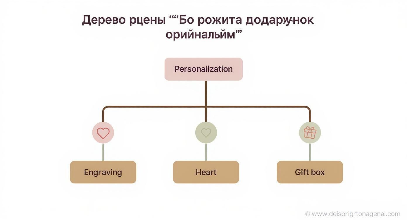 Діаграма "Дерево цін", що ілюструє варіанти персоналізації подарунка: гравіювання, серце та подарункова коробка.