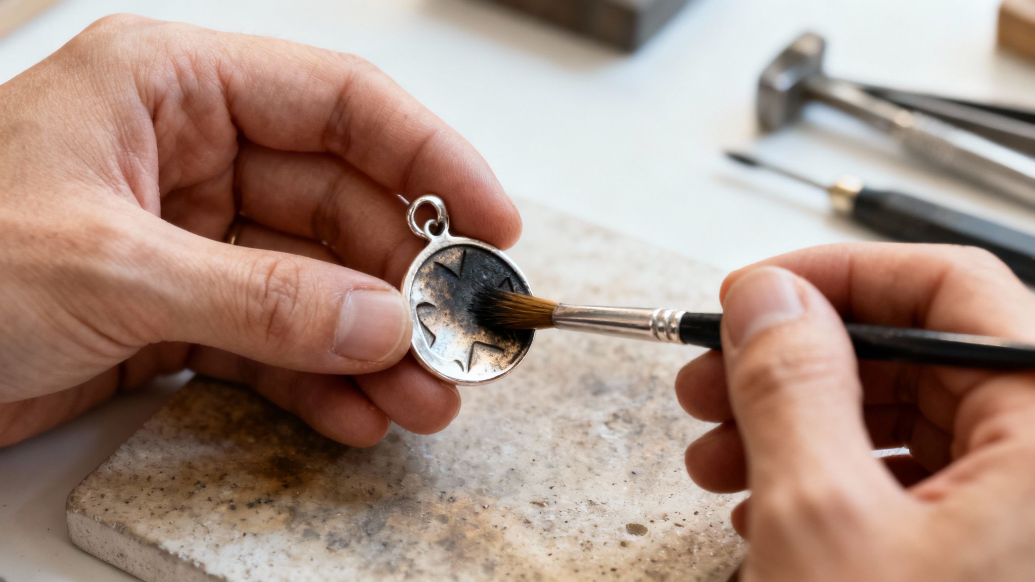 Jeweler's hands carefully applying a dark patina with a brush to a sterling silver pendant.