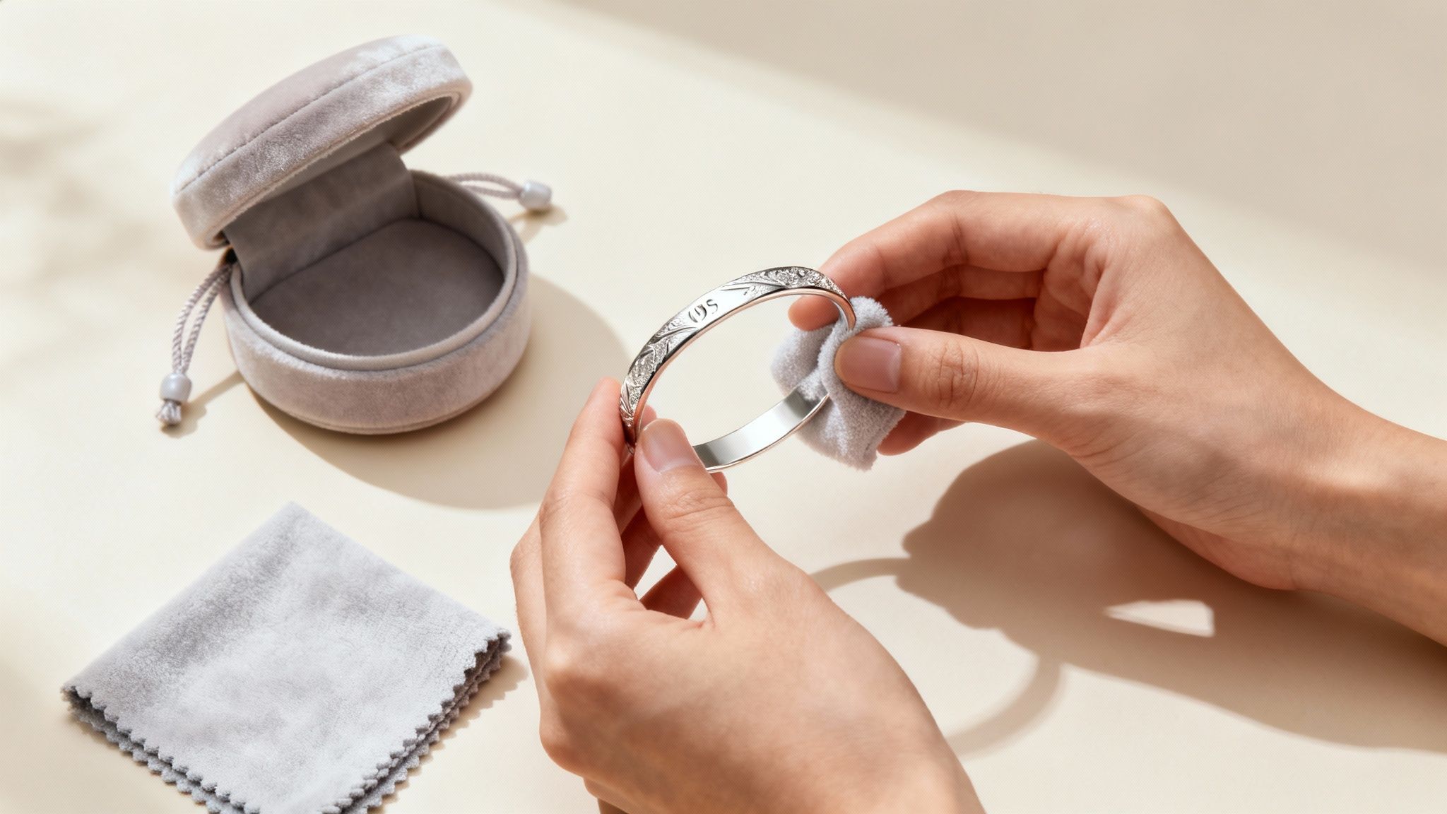 Жіночі руки полірують срібний браслет ганчіркою; поруч сіра оксамитова скринька та серветка для чищення.