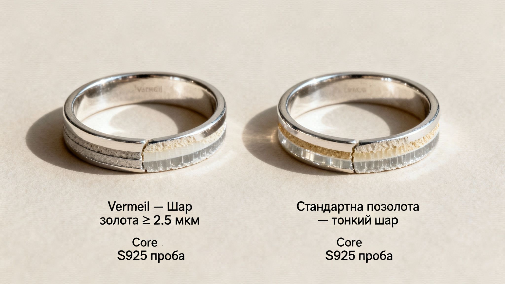 Порівняння двох срібних каблучок: вермейл із товстим шаром золота та стандартна позолота.