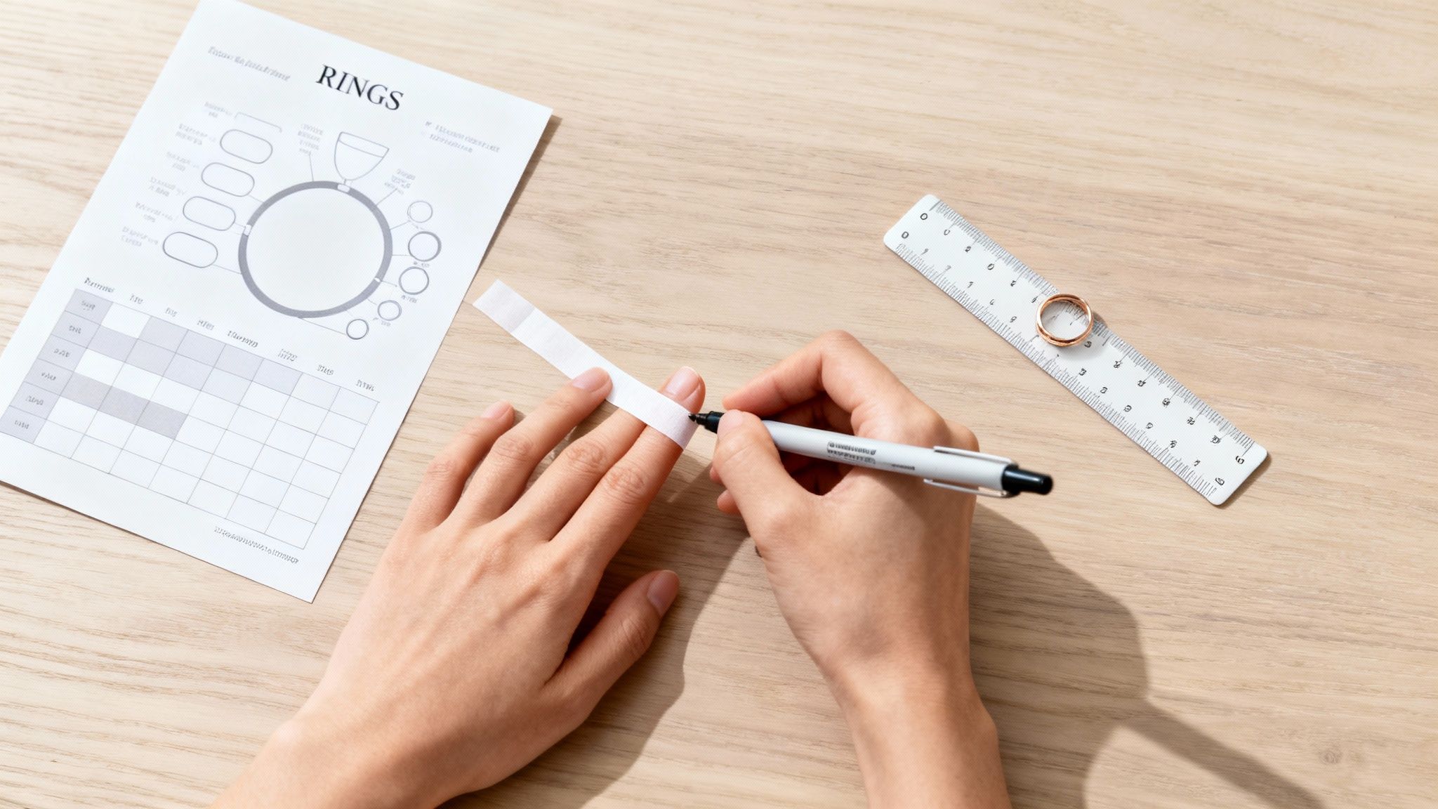 Hands measure a finger for ring size using a paper strip and pen, next to a ring chart and ruler.