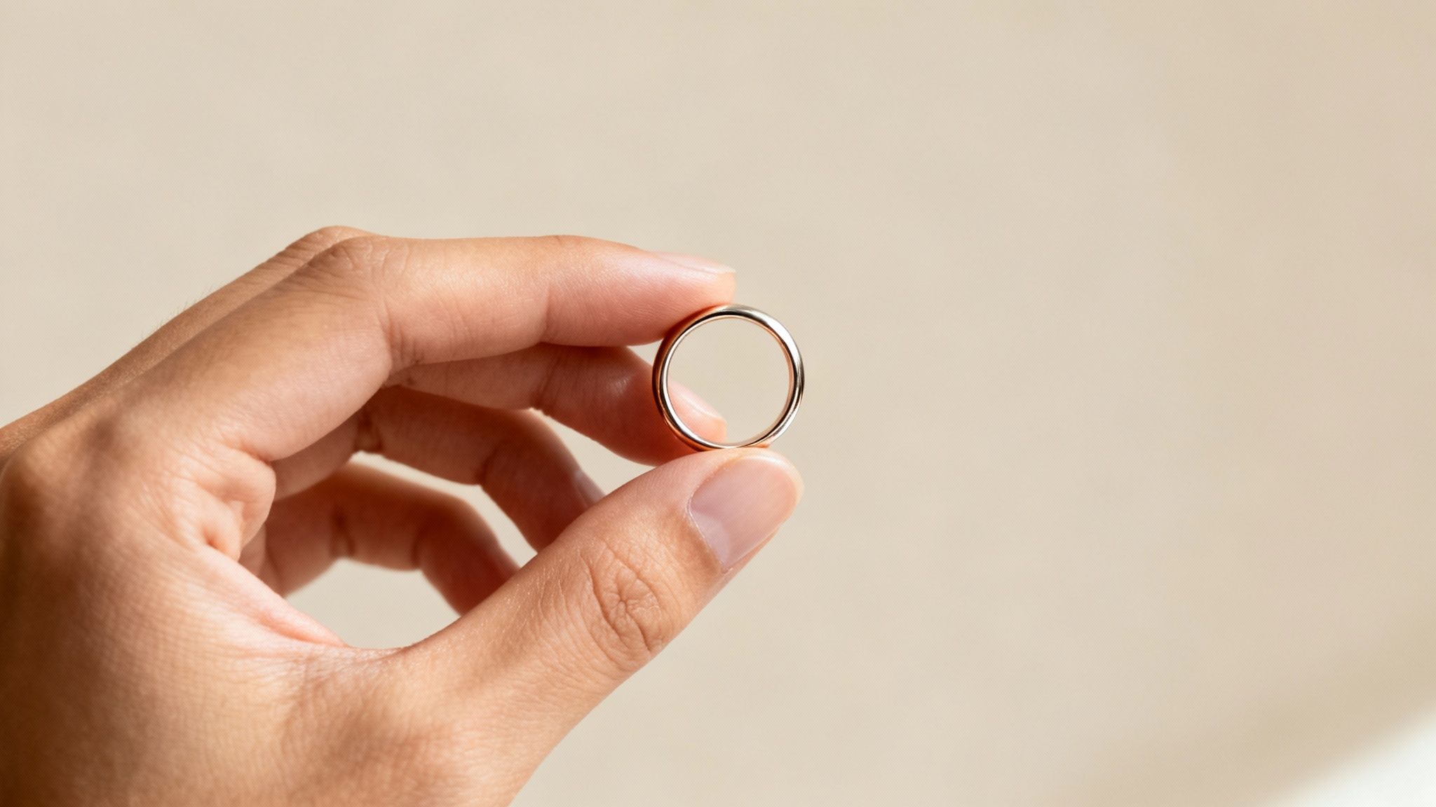 A close-up of a person's hand delicately holding a simple, shining gold wedding band.