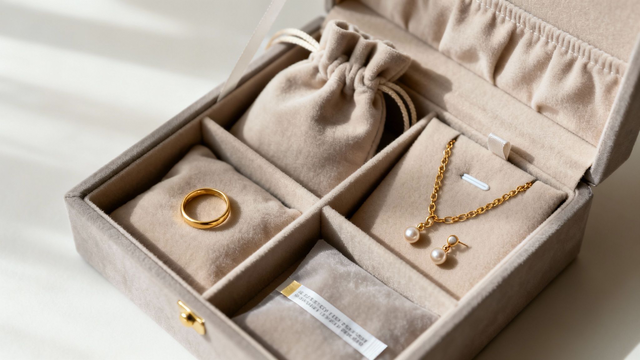 Відкрита бежева оксамитова скринька для прикрас із золотим кільцем, перлинним намистом та сережками.