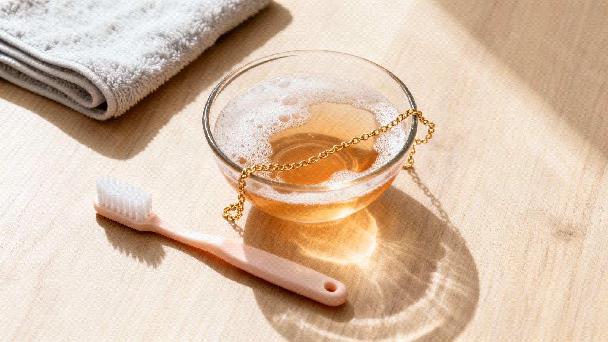 A gold chain soaking in a bowl of soapy solution with a toothbrush and towel, ready for cleaning.