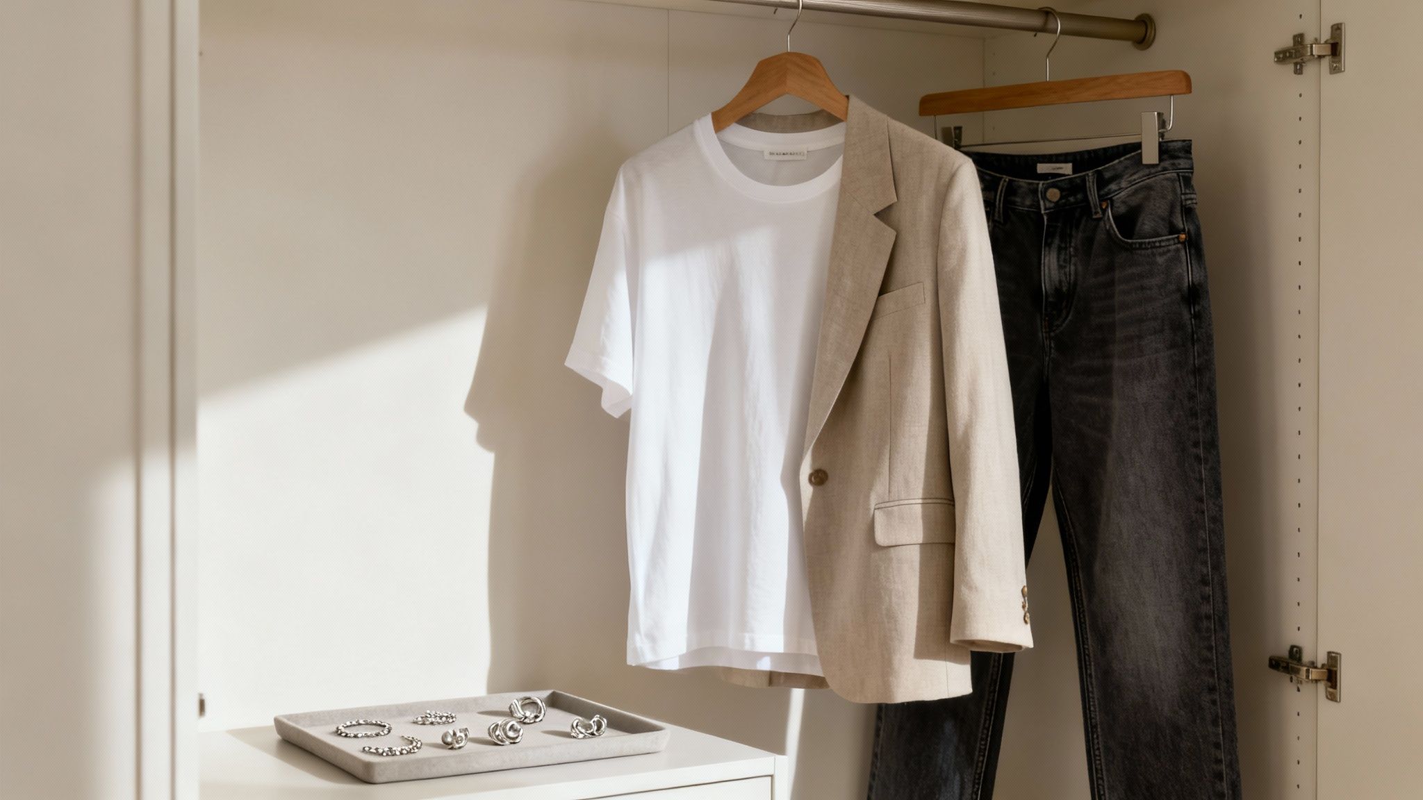 A white t-shirt, beige blazer, and dark jeans hang in a closet, with jewelry on a tray.