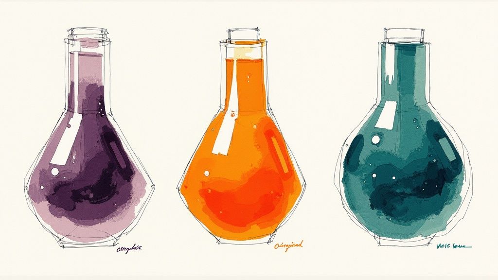 Три стилізовані скляні колби з яскравими фіолетовою, помаранчевою та бірюзовою рідинами.