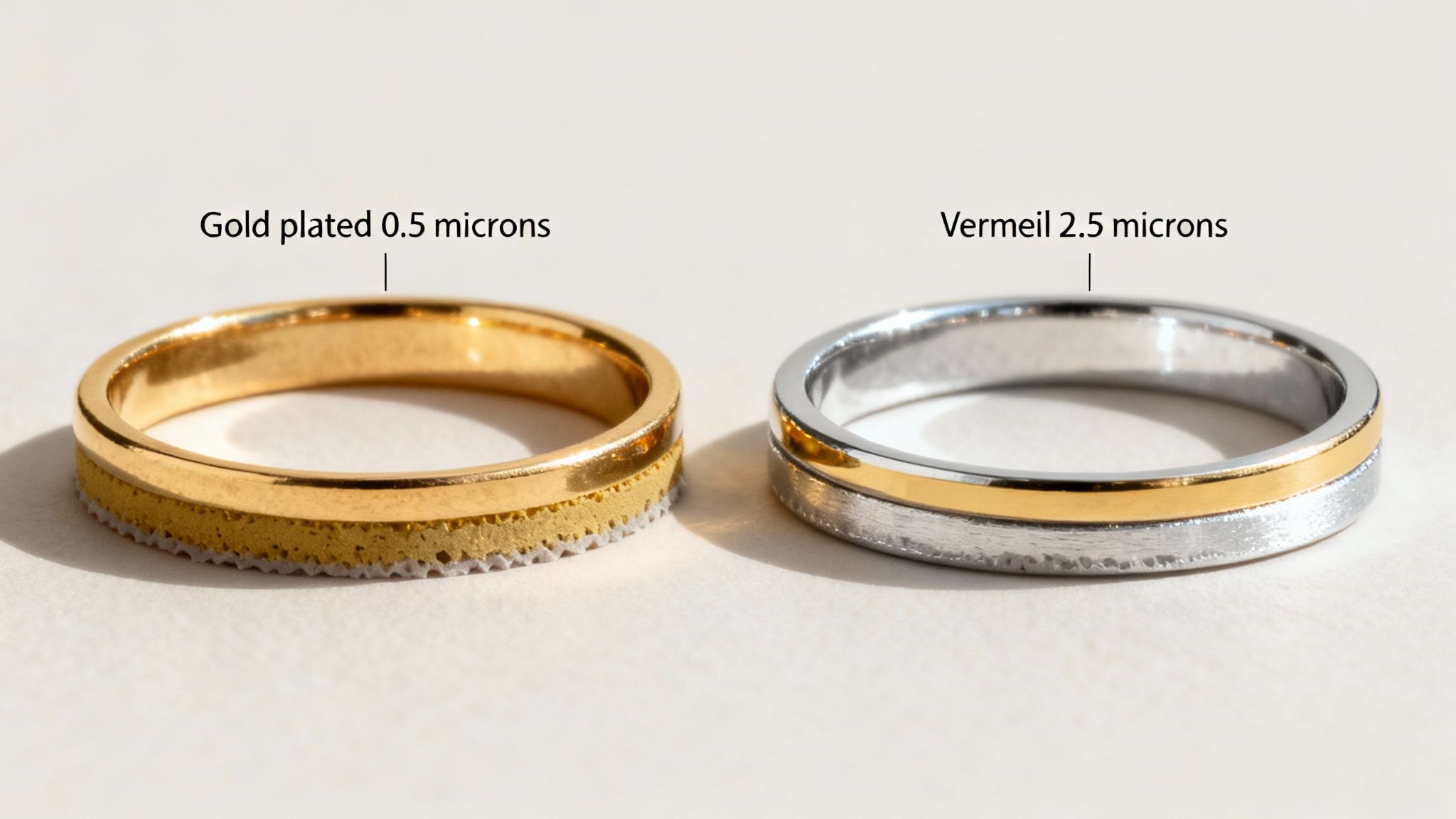 A close-up comparison of a gold-plated ring (0.5 microns) and a vermeil ring (2.5 microns) on a light surface.