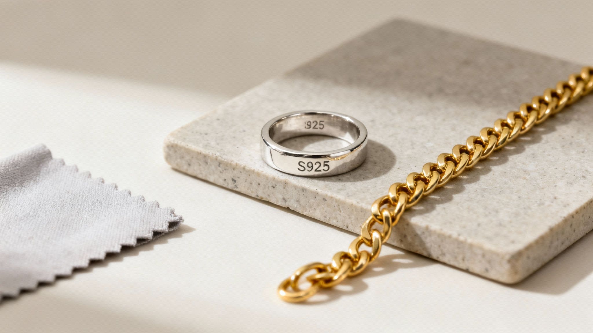 A silver S925 ring and golden chain bracelet on a stone slab, with a cleaning cloth.