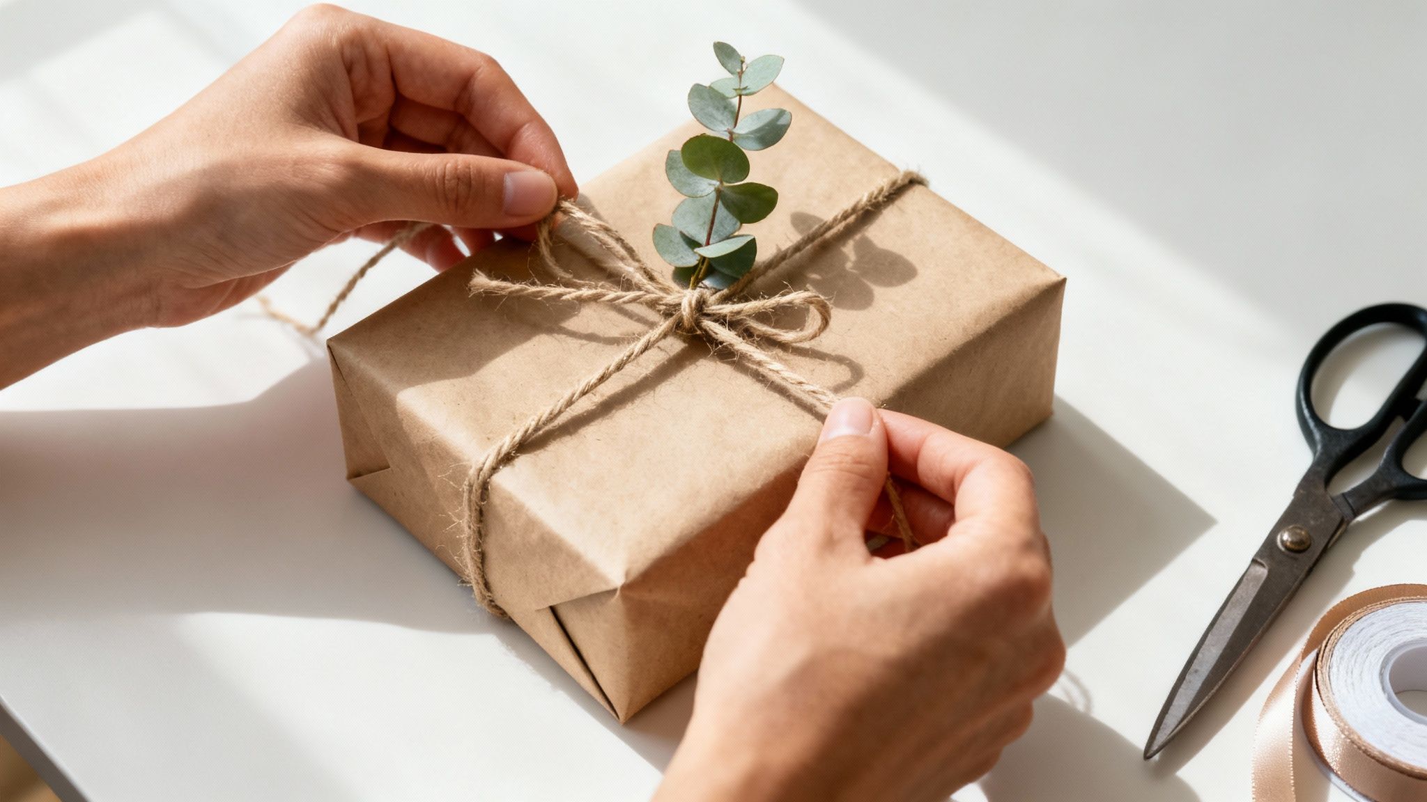 Hands carefully tying a twine bow on a beautifully wrapped gift box with a eucalyptus sprig.