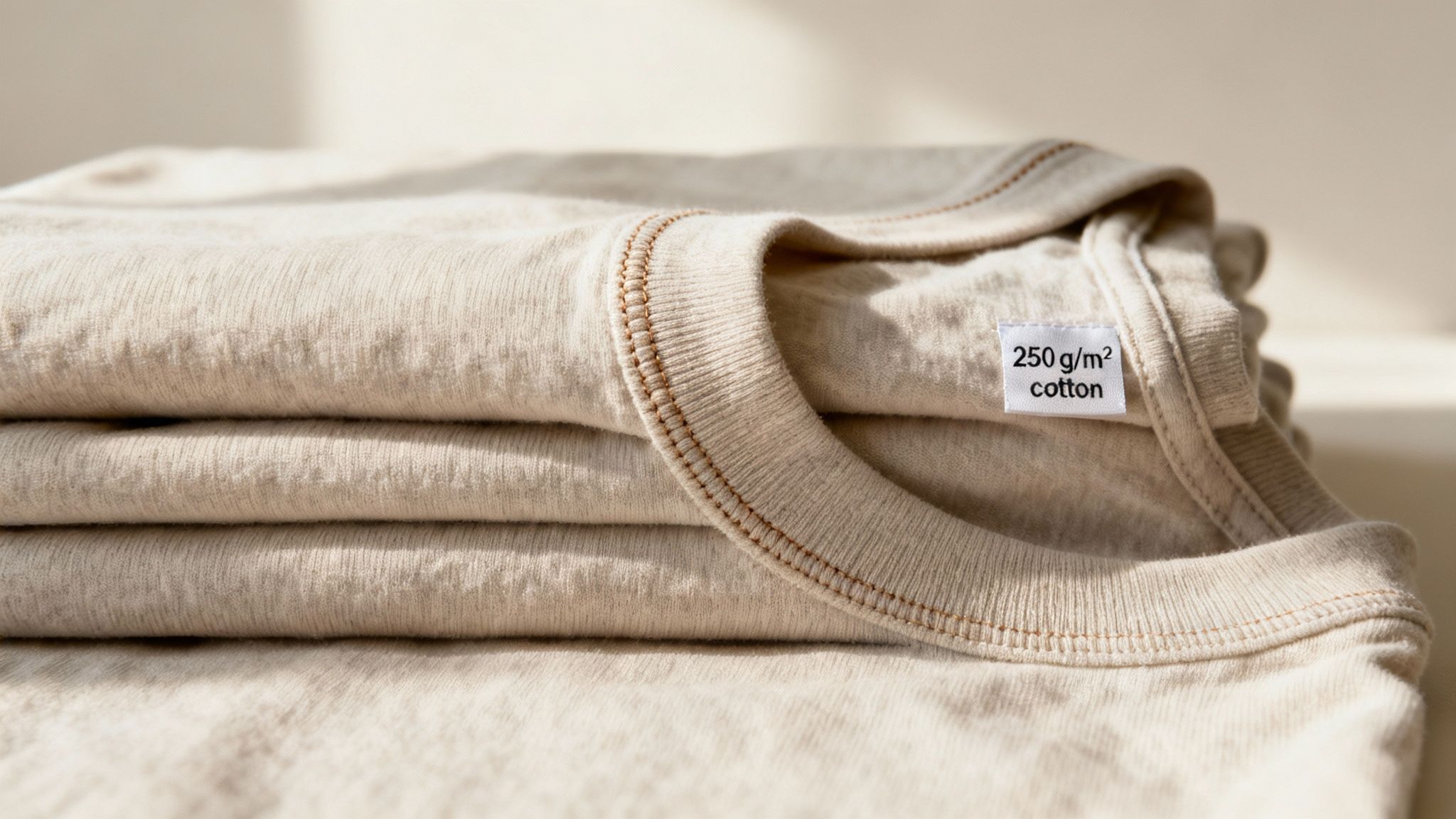 Close-up of a stack of neatly folded light beige cotton t-shirts with a '250 g/m² cotton' label.
