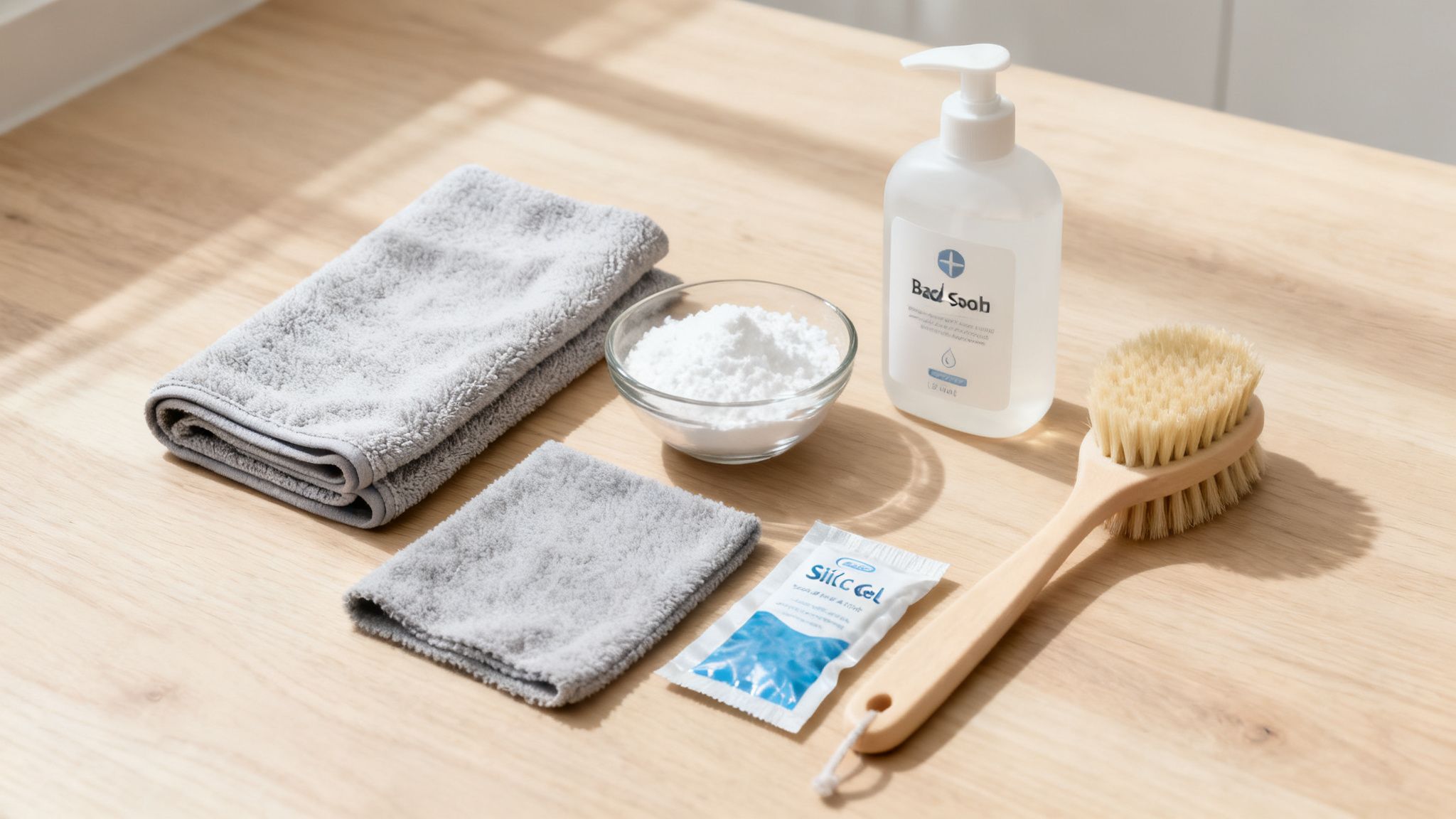Assortment of cleaning and care products on a wooden table, including towels, powder, and brush.