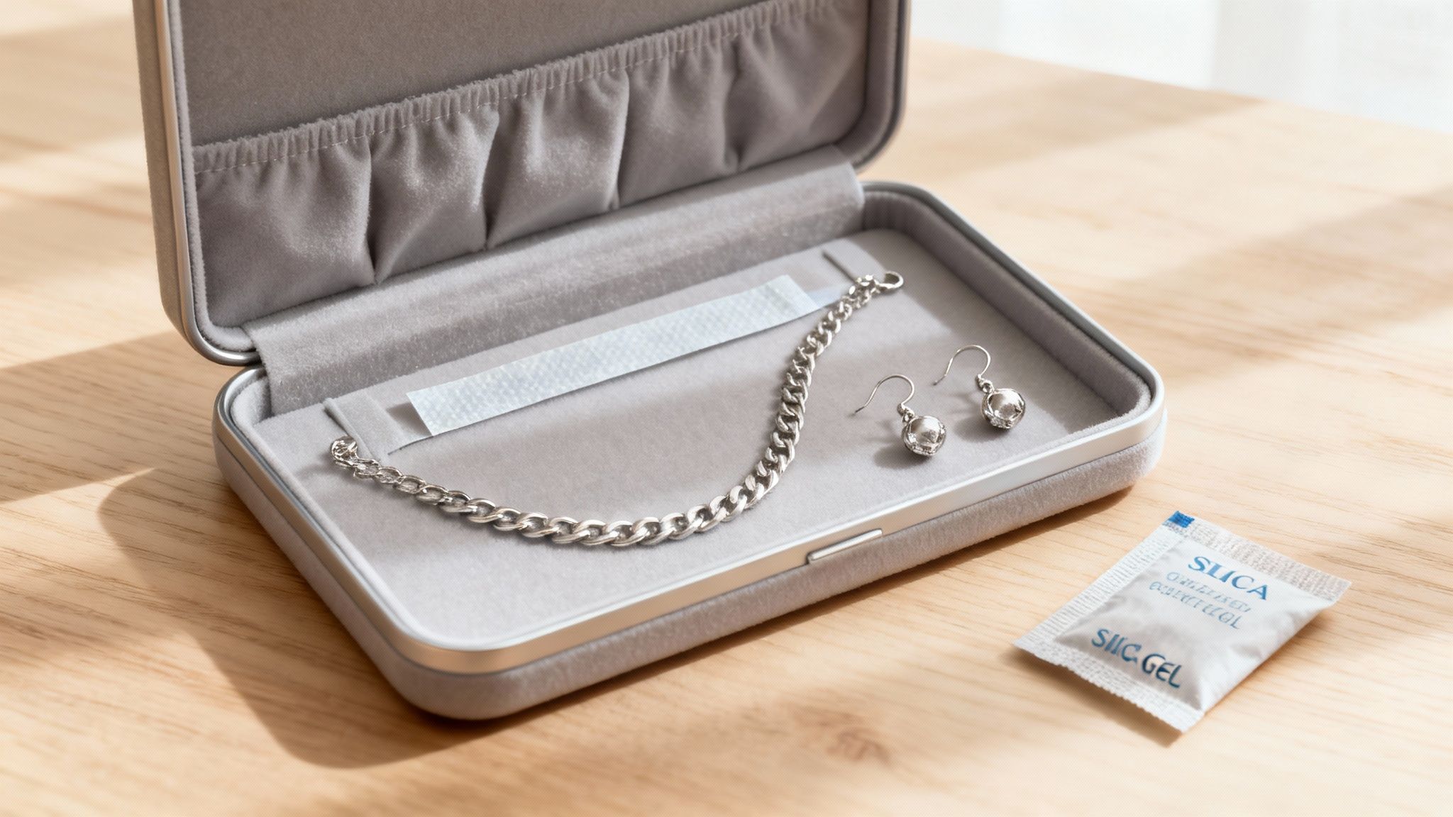 An open grey jewelry box displays a silver chain bracelet and earrings, with a silica gel packet nearby on a wooden table.