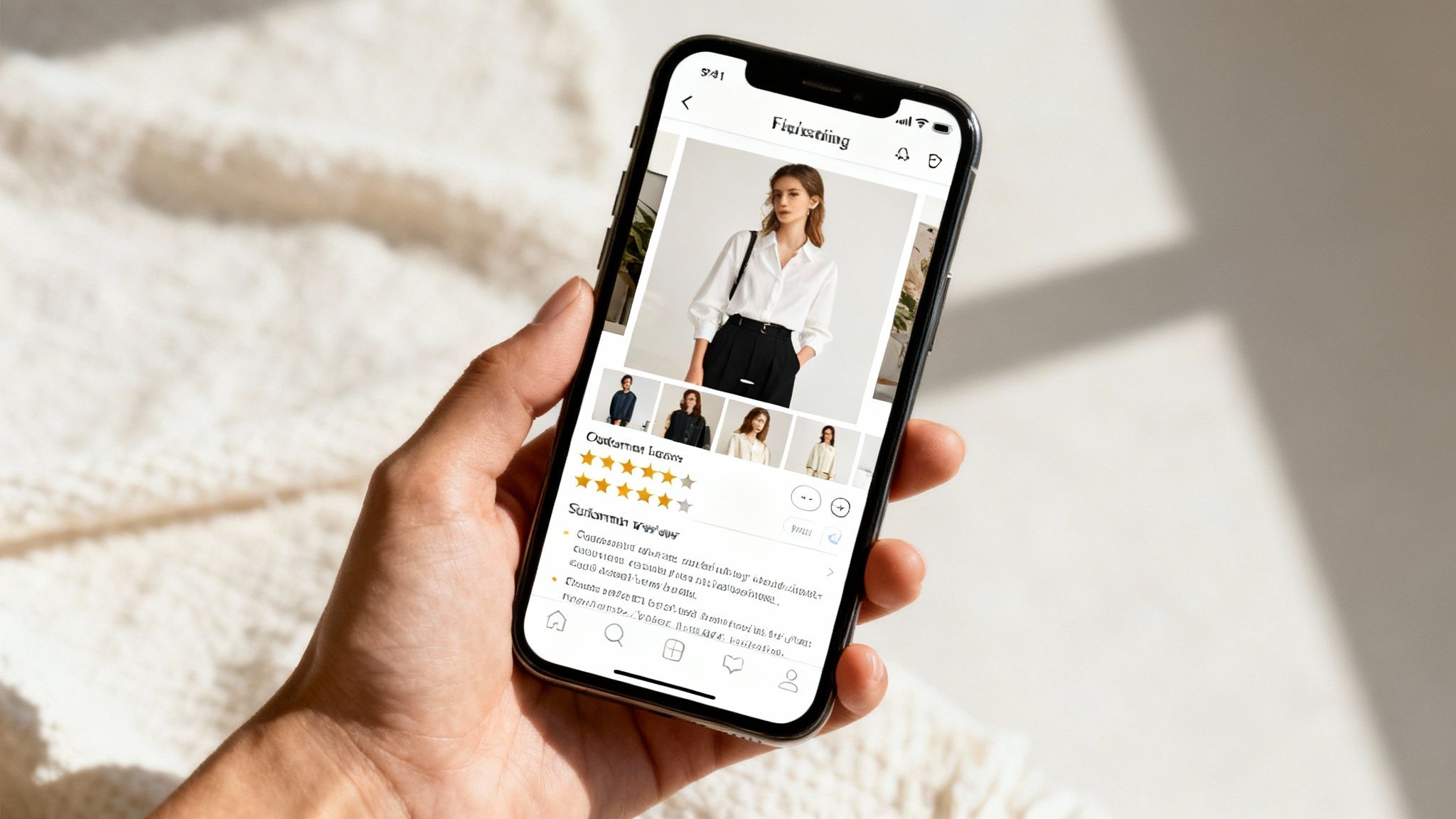 Hand holding a smartphone displaying an e-commerce product page for a white shirt with customer reviews.