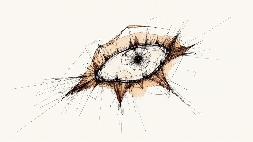 Художній ескіз ока з технічними лініями та геометричними конструкціями для дизайну прикрас