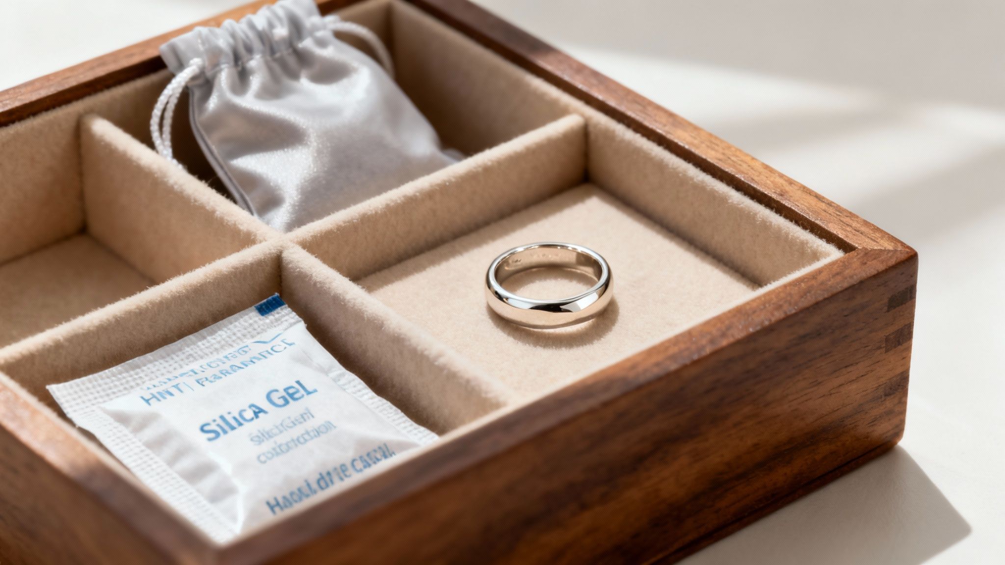 Close-up of a silver ring, a satin pouch, and silica gel in a wooden jewelry box.