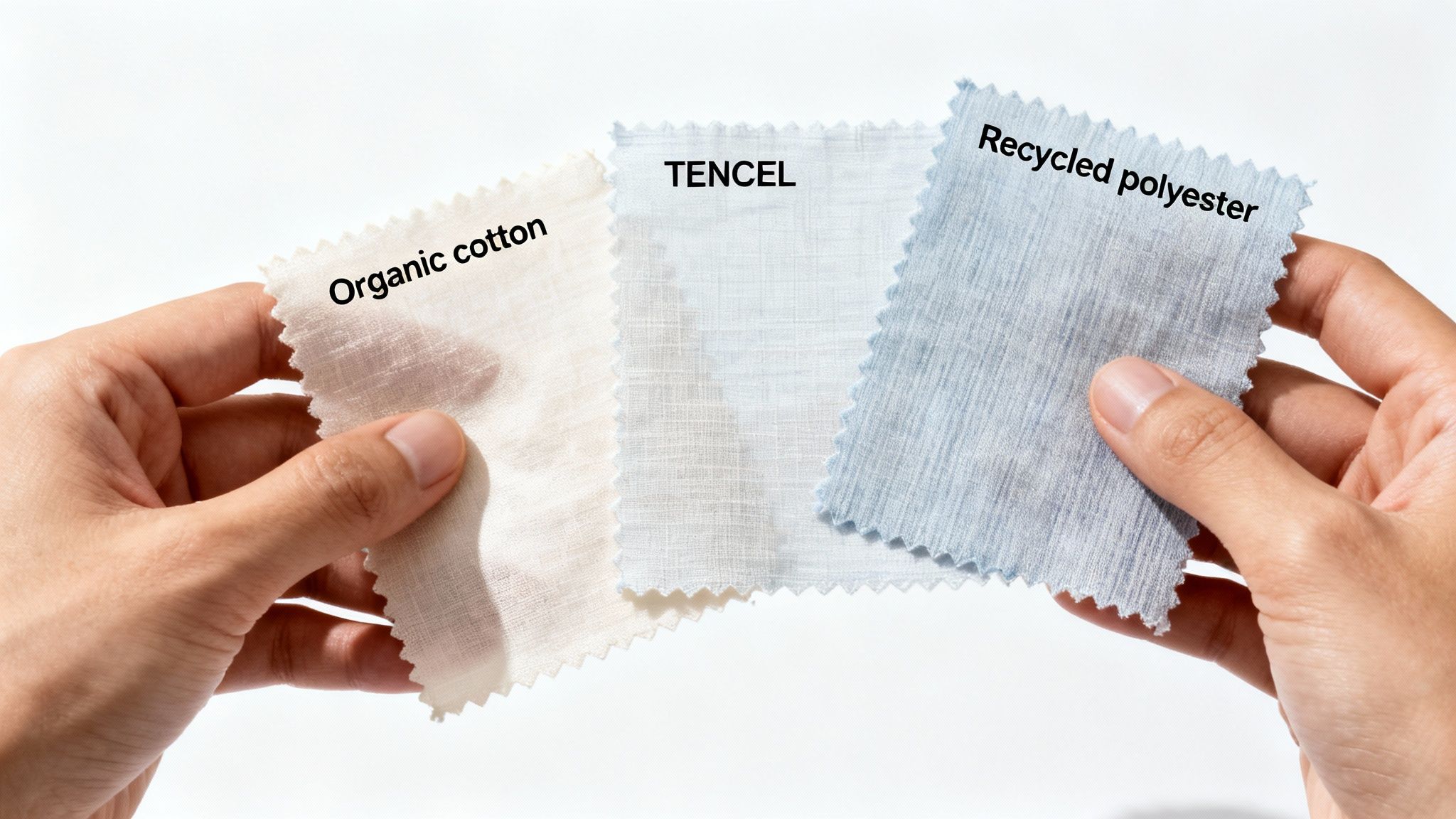 Two hands display three fabric swatches: organic cotton, TENCEL, and recycled polyester, showcasing sustainable textile options.