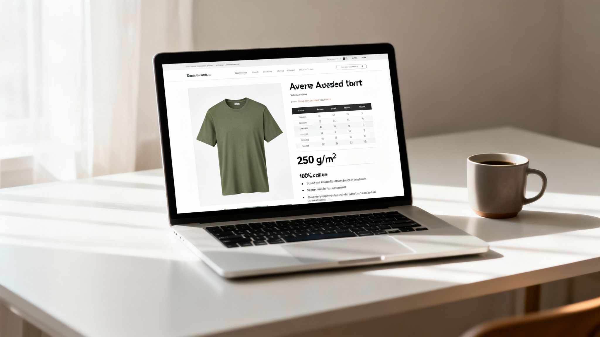 A laptop screen displays an a green t-shirt, next to a coffee mug on a desk.