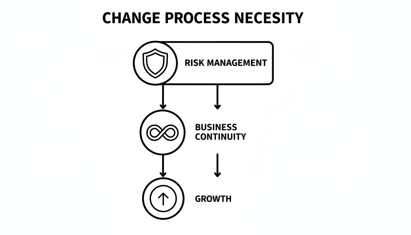 Flowchart illustrating the necessity of a change process for risk management, business continuity, and business growth.