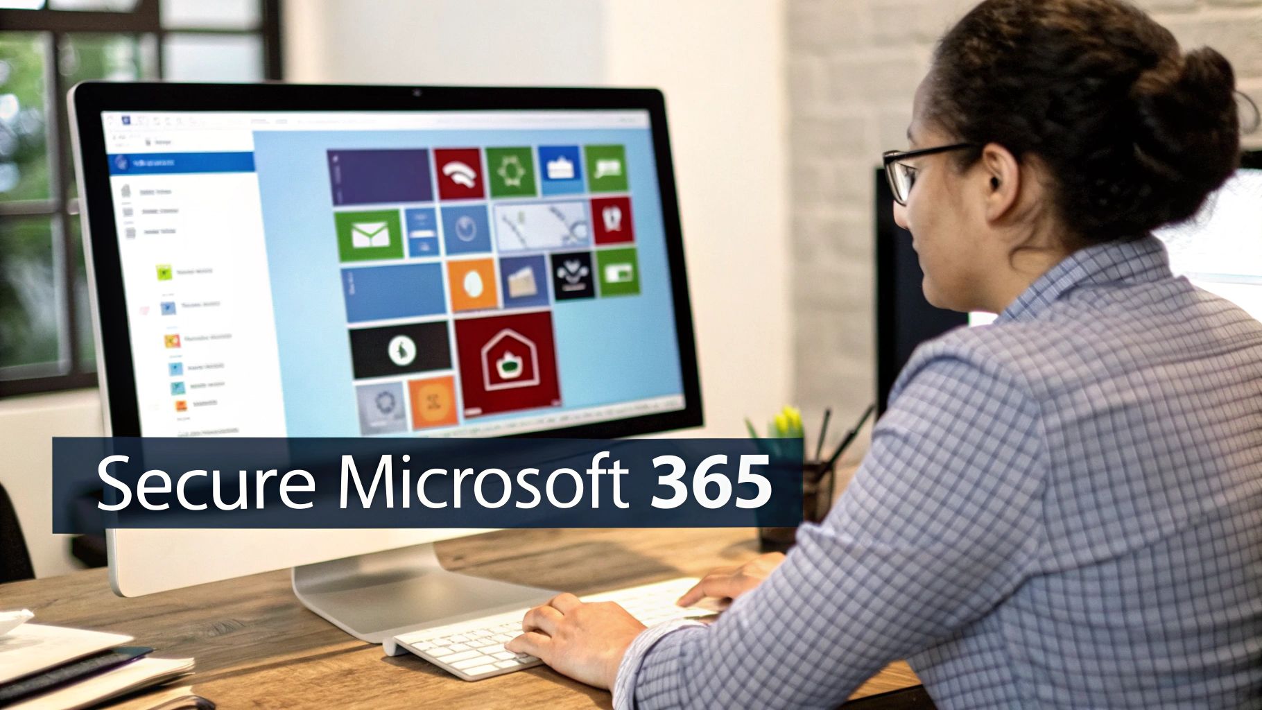 Person typing on a keyboard at a desk with a computer screen displaying 'Secure Microsoft 365'.