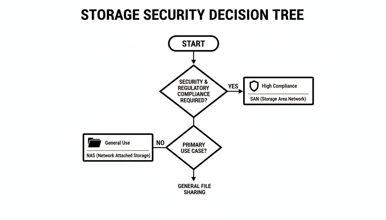 Flowchart illustrating a storage security decision tree, guiding users to SAN or NAS based on compliance and use case.