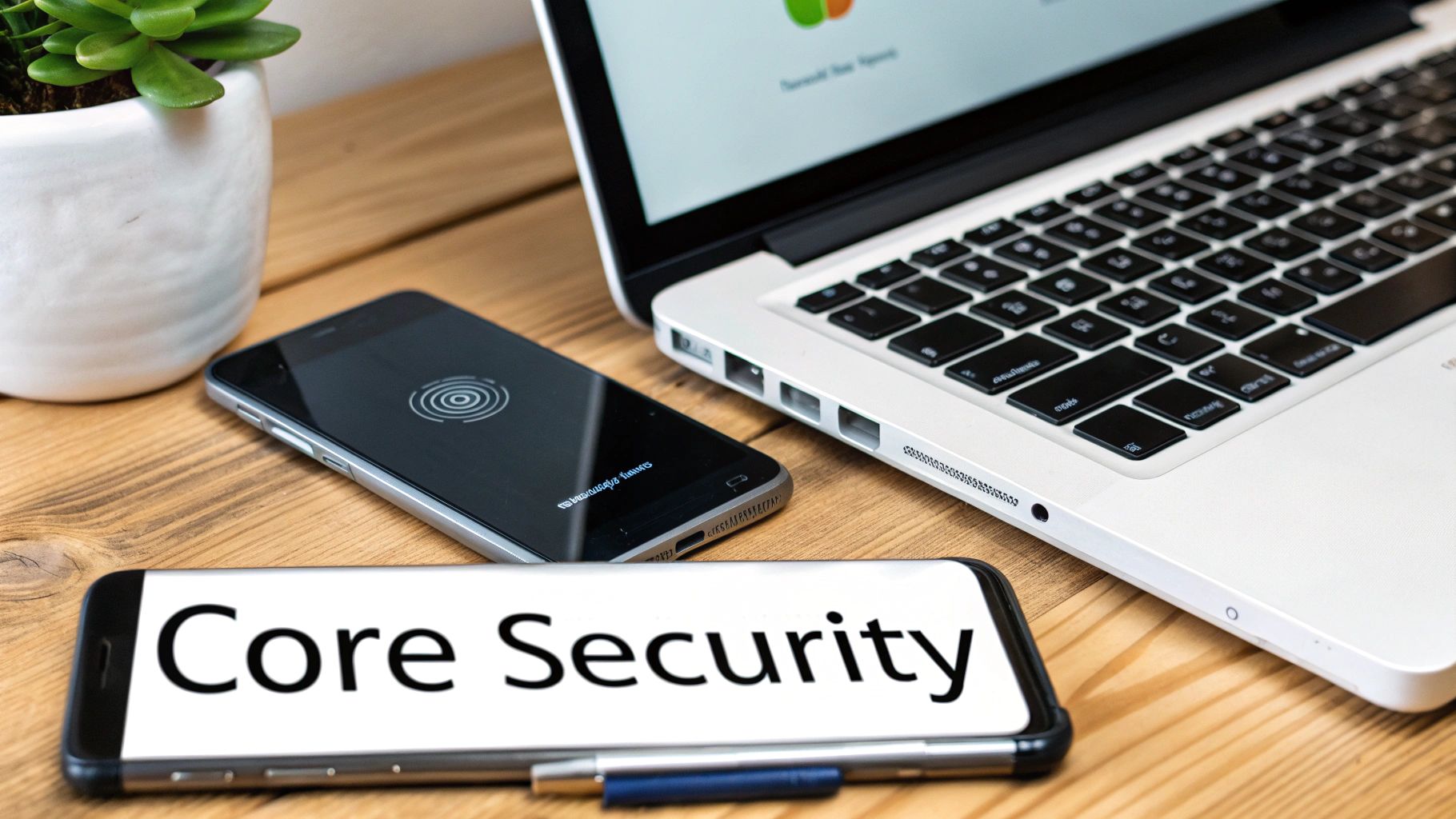 A laptop, two smartphones, and a plant on a wooden desk, one phone shows 'Core Security' and another a fingerprint.