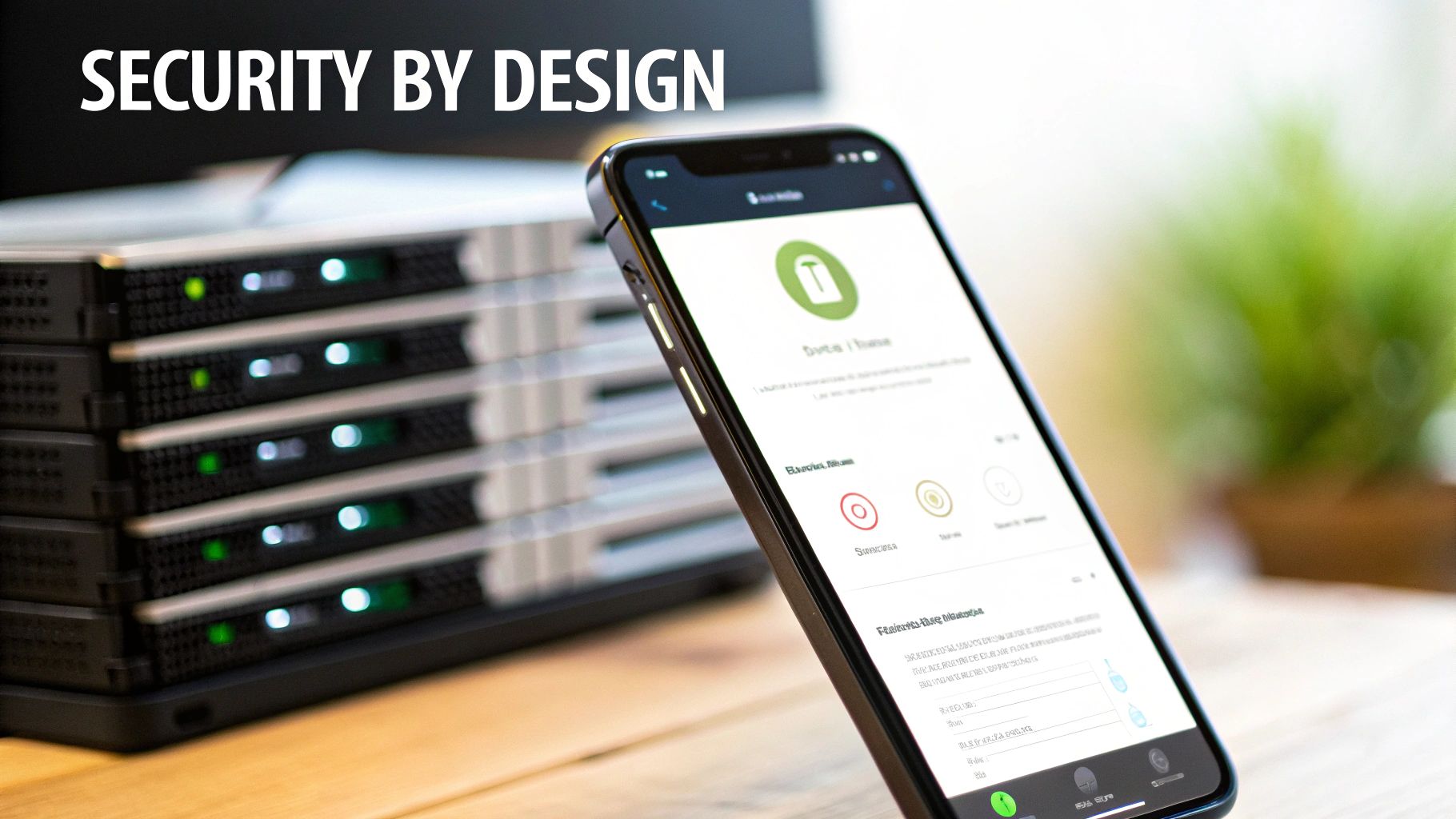 A smartphone displaying a security app next to stacked servers with blinking lights, highlighting security by design.