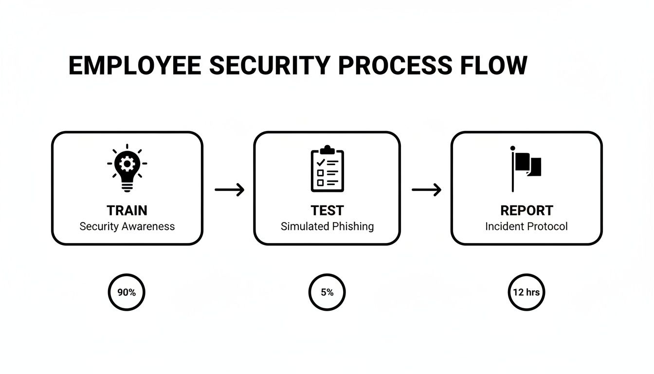Employee security process flow showing training, testing, and reporting steps with performance indicators.