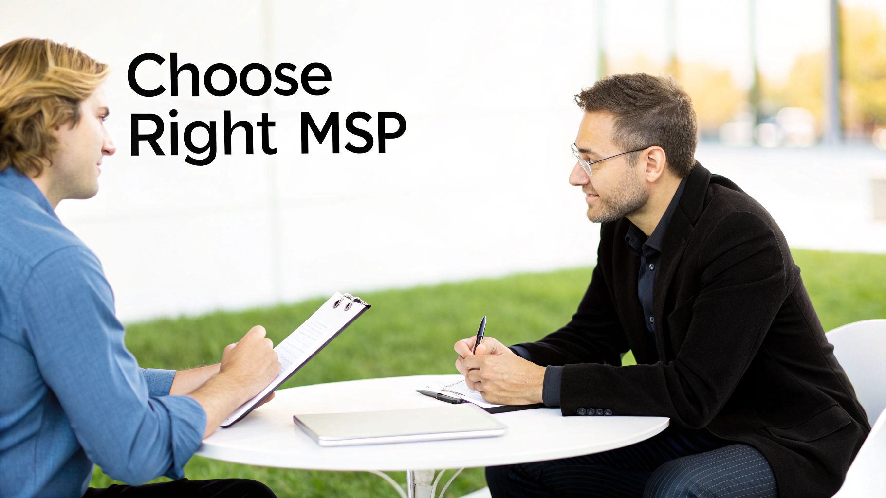 Two men discuss documents at an outdoor table, likely a business meeting about managed IT services.