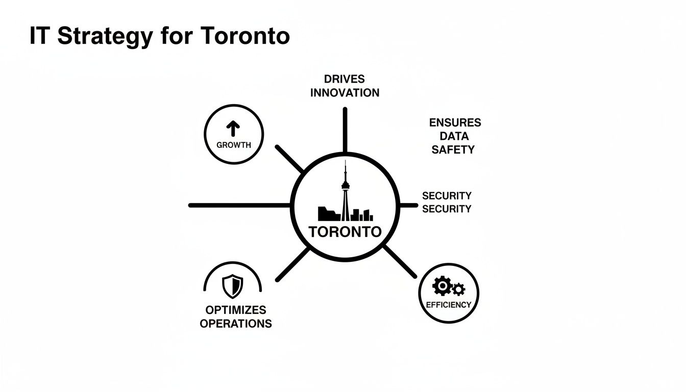 IT Strategy for Toronto diagram showing key aspects: growth, innovation, data safety, security, efficiency, and operations.