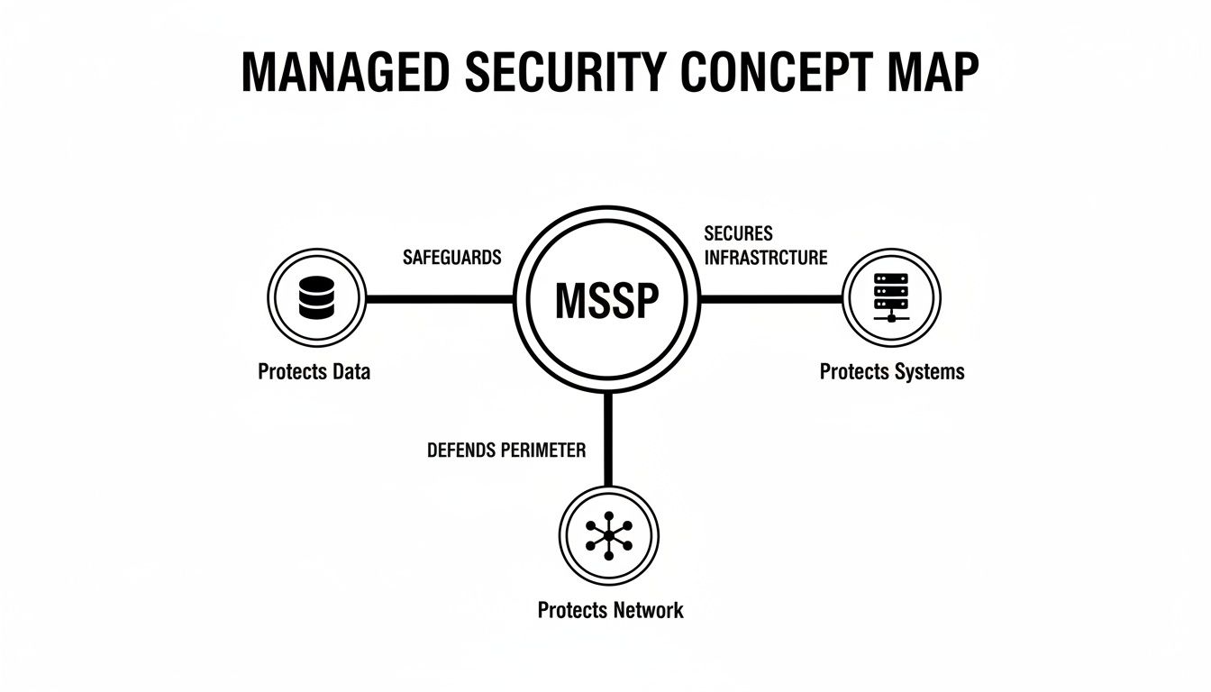 Concept map illustrating a Managed Security Service Provider (MSSP) protecting data, systems, and network perimeter.
