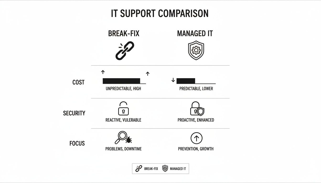 A comparison chart contrasting Break-Fix and Managed IT services across cost, security, and focus.