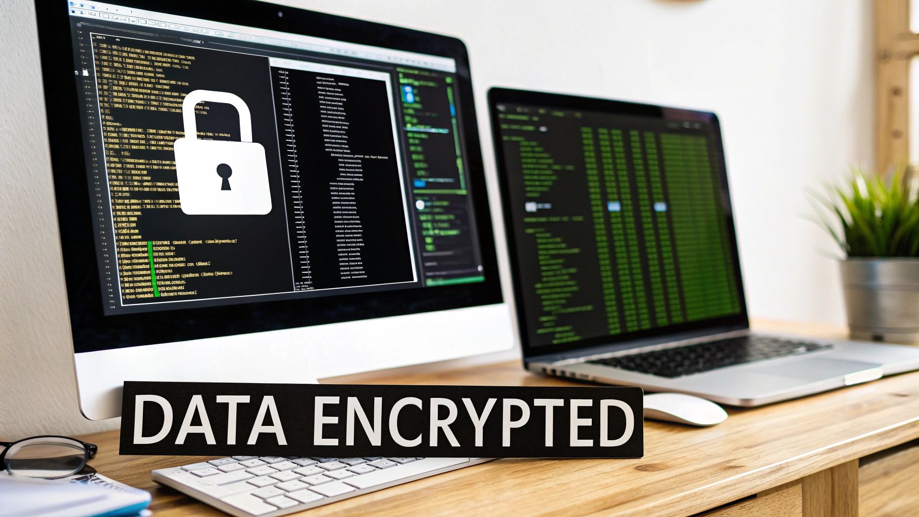 A desk setup with two computers showing code, a padlock icon, and a 'DATA ENCRYPTED' sign.