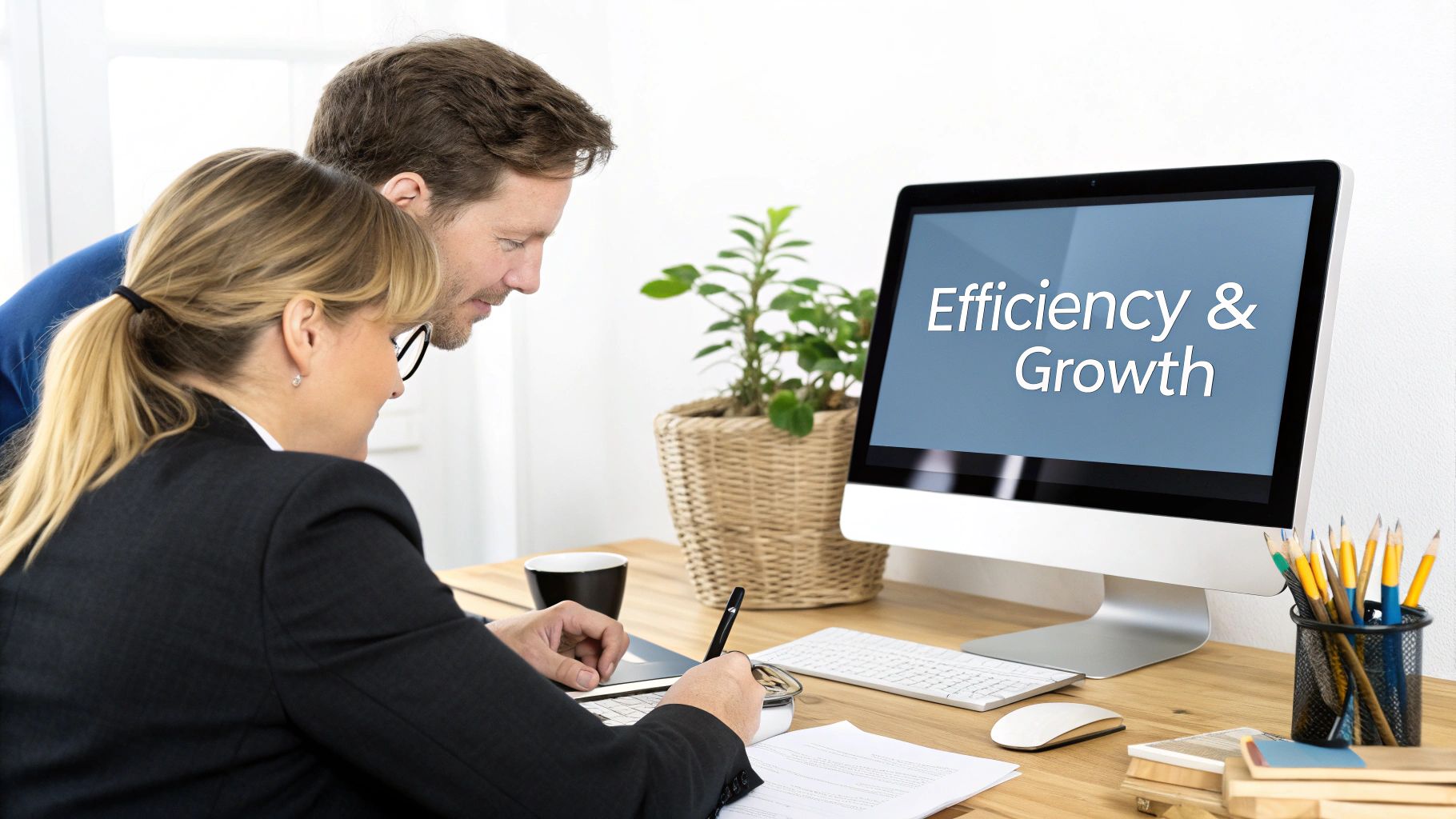 Two business professionals collaborating, looking at a computer screen displaying 'Efficiency & Growth' while taking notes.