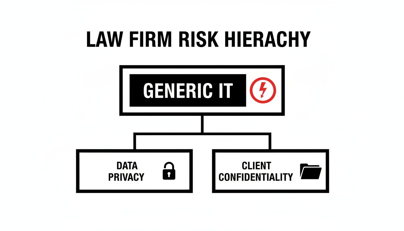 A law firm risk hierarchy diagram showing generic IT as the top risk, leading to data privacy and client confidentiality.